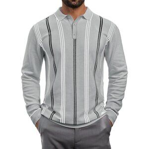 Men's Knit Polo Sweater Long Sleeve Striped Thermal Button Collar Sweater Grey